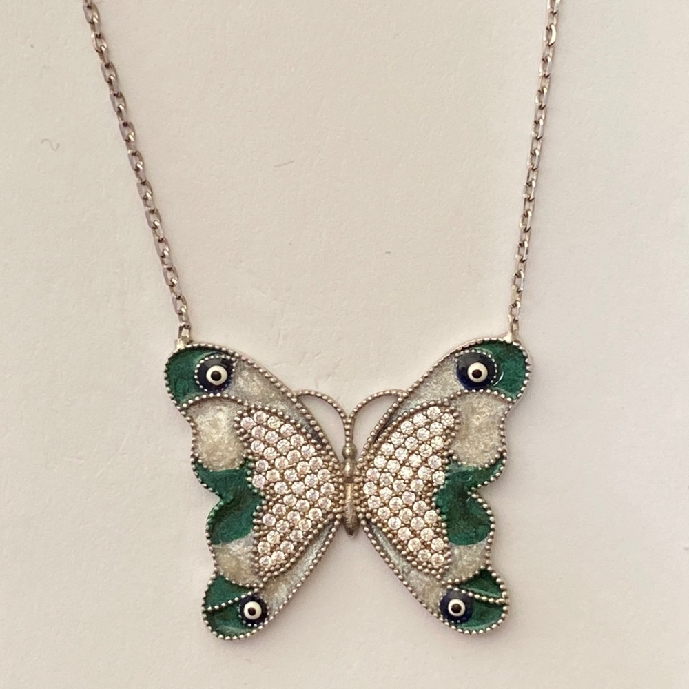 Green butterfly 925 silver evil eye eyes necklace handmade enamel cz stones - Picture 4 of 4